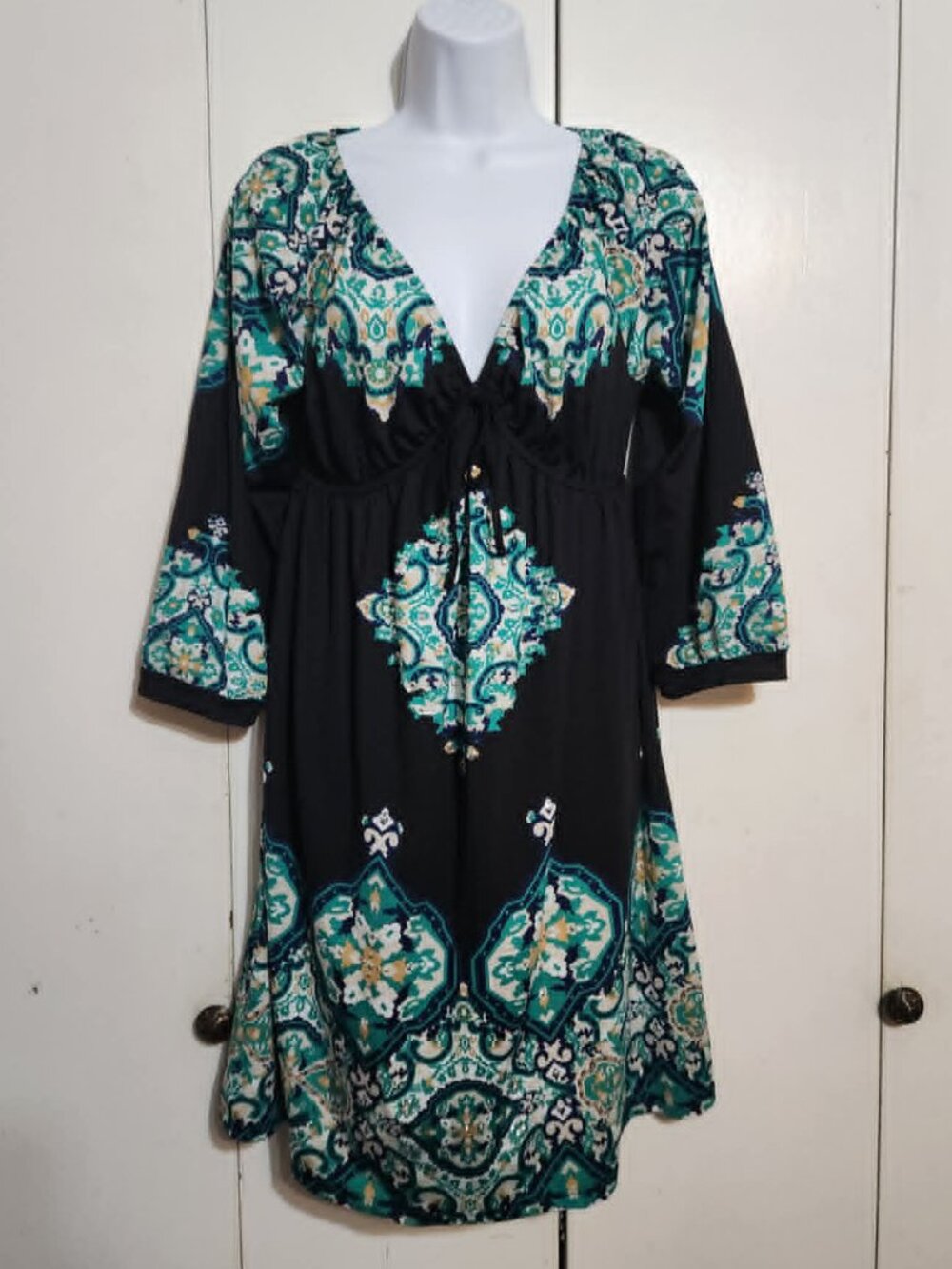 INC International Concepts Medallion Print Dress L Large Rhinestone Detail Boho